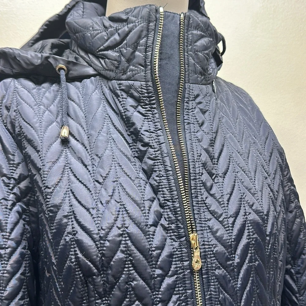 Kate Spade Jacket Coat Chevron Quilted Full Zip Hooded Navy Blue Size M Medium
